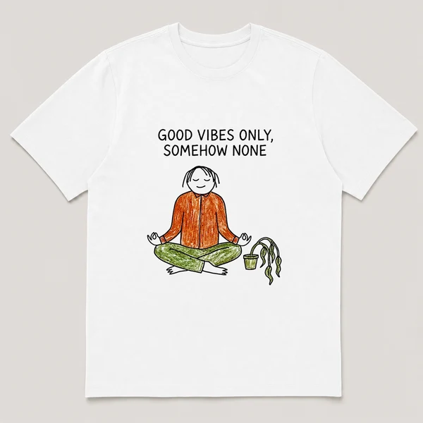 Front view of a White Tee printed with guy sits cross-legged trying to meditate while a drooping plant leans away and the caption GOOD VIBES ONLY, SOMEHOW NONE
