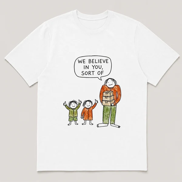 Front view of a White Tee printed with two small characters give a wobbly thumbs up to a third holding a stack of boxes and the caption WE BELIEVE IN YOU, SORT OF