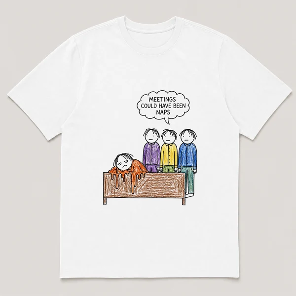 Front view of a White Tee printed with bored guy melts over a conference table while three coworkers stare blankly and the caption MEETINGS COULD HAVE BEEN NAPS