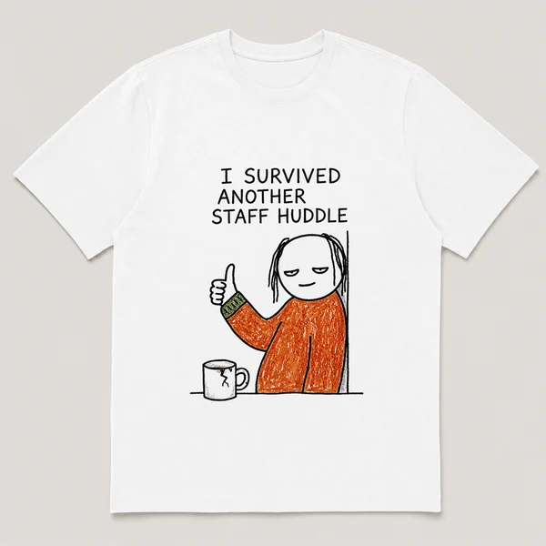 Front view of a White Tee printed with a drained guy leans against a wall giving a wobbly thumbs up with a cracked coffee mug nearby and the caption I SURVIVED ANOTHER STAFF HUDDLE